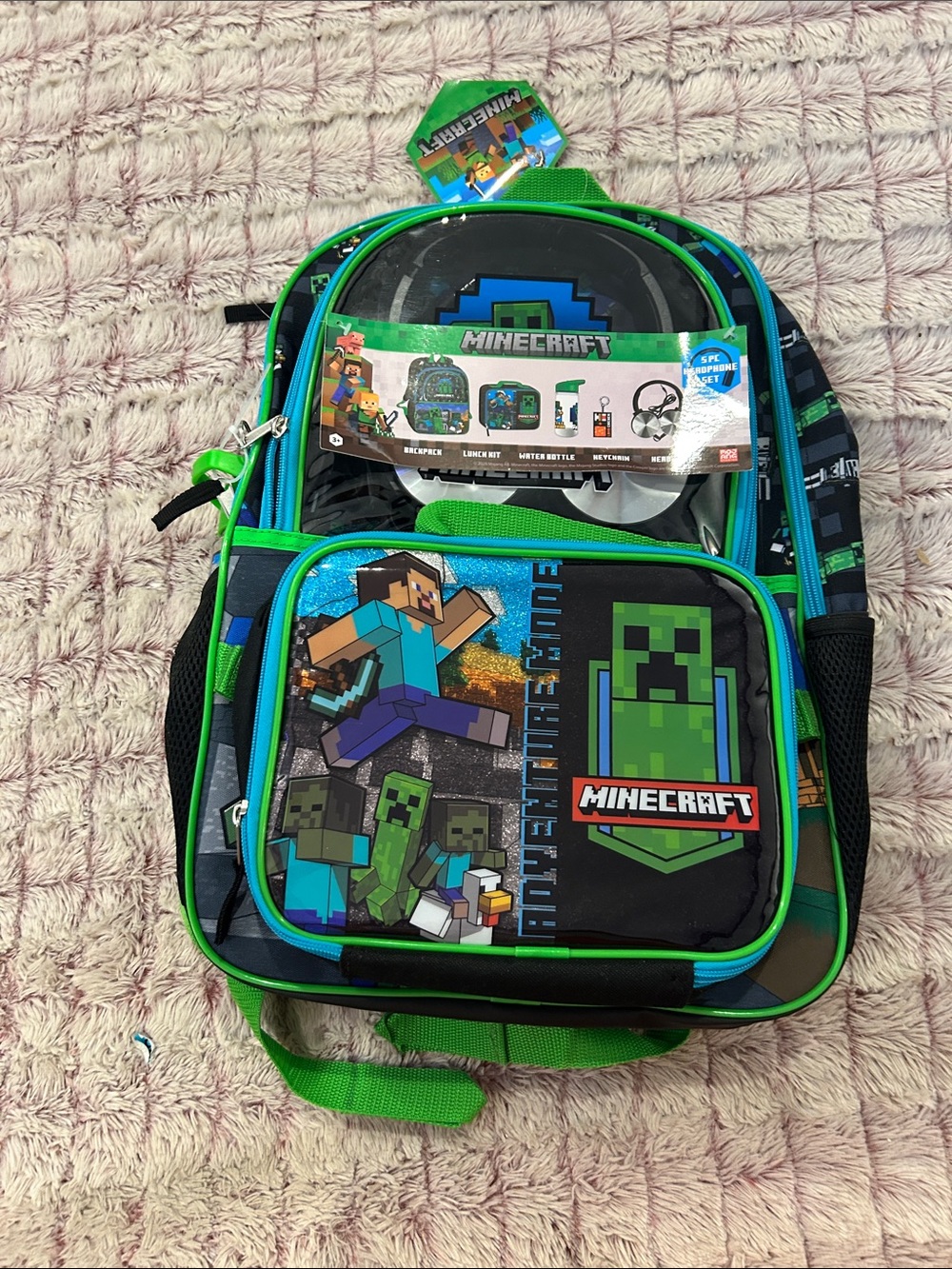 Minecraft Kids 5 piece Green and Blue Backpack new